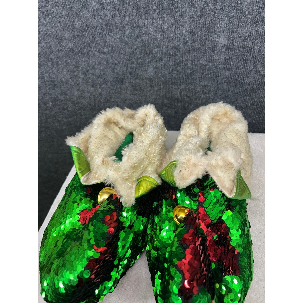 Green Red Sequined Elf Slippers Faux Fur Trim Jingle Bells Holiday L/XL 9-11